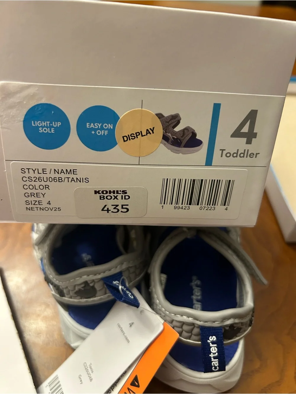 NWB-Carter's Gray and Blue Boys' Sporty Light-Up Hook-and-Loop Sandals